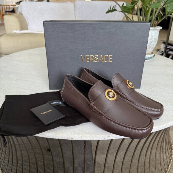 Versace 1015591 Dark Brown Leather Driver Shoes with Medusa plaque, many sizes - Picture 2 of 12